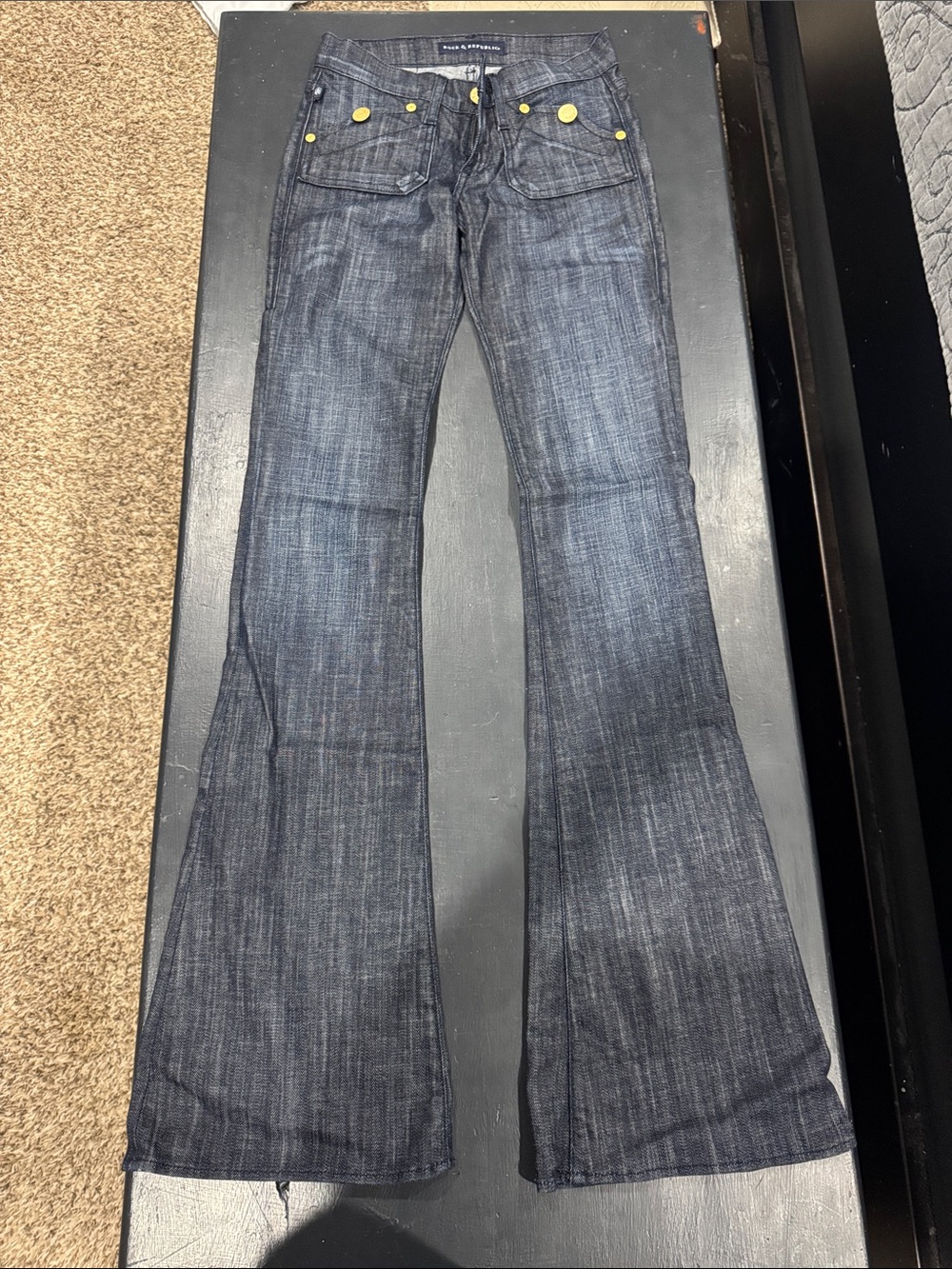 Rock & Republic Dark Blue Flare Jeans with Gold Buttons